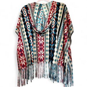 Colorful Hooded (L/XL) Oversized Fringe Printed Shawl / Open Poncho - Large Extr